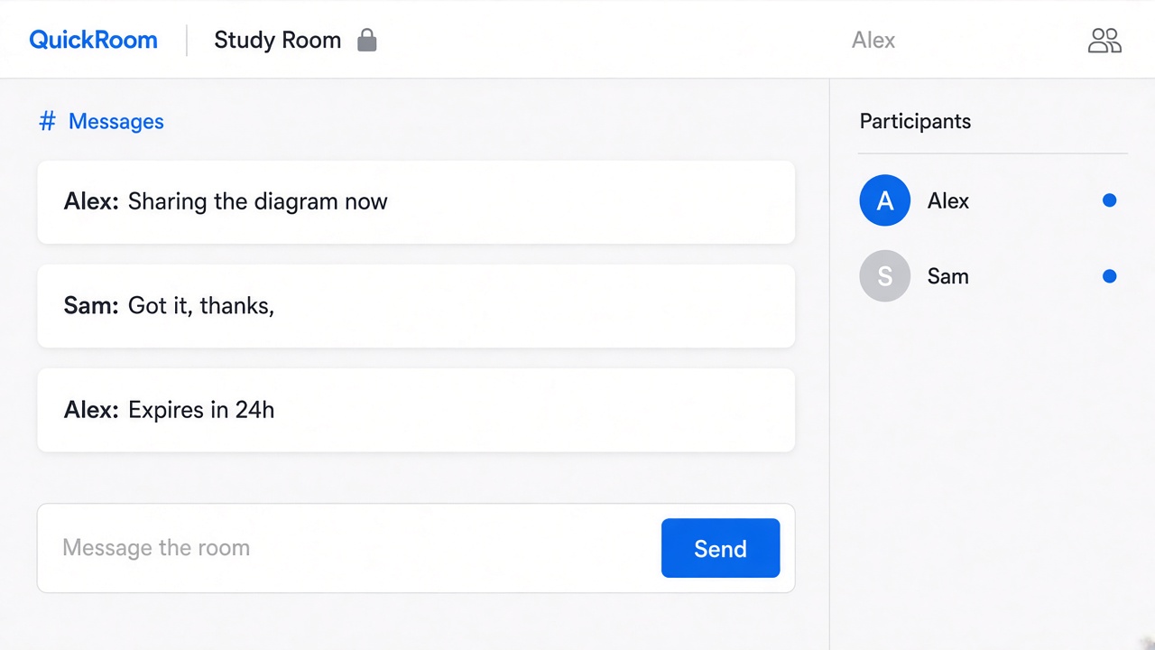 QuickRoom chat: messages, composer, and participant list in the browser.