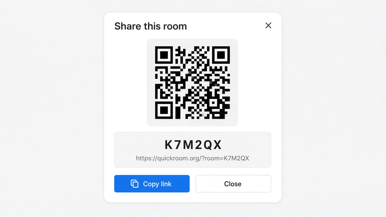 QuickRoom share dialog with a room code, join link, and QR code.